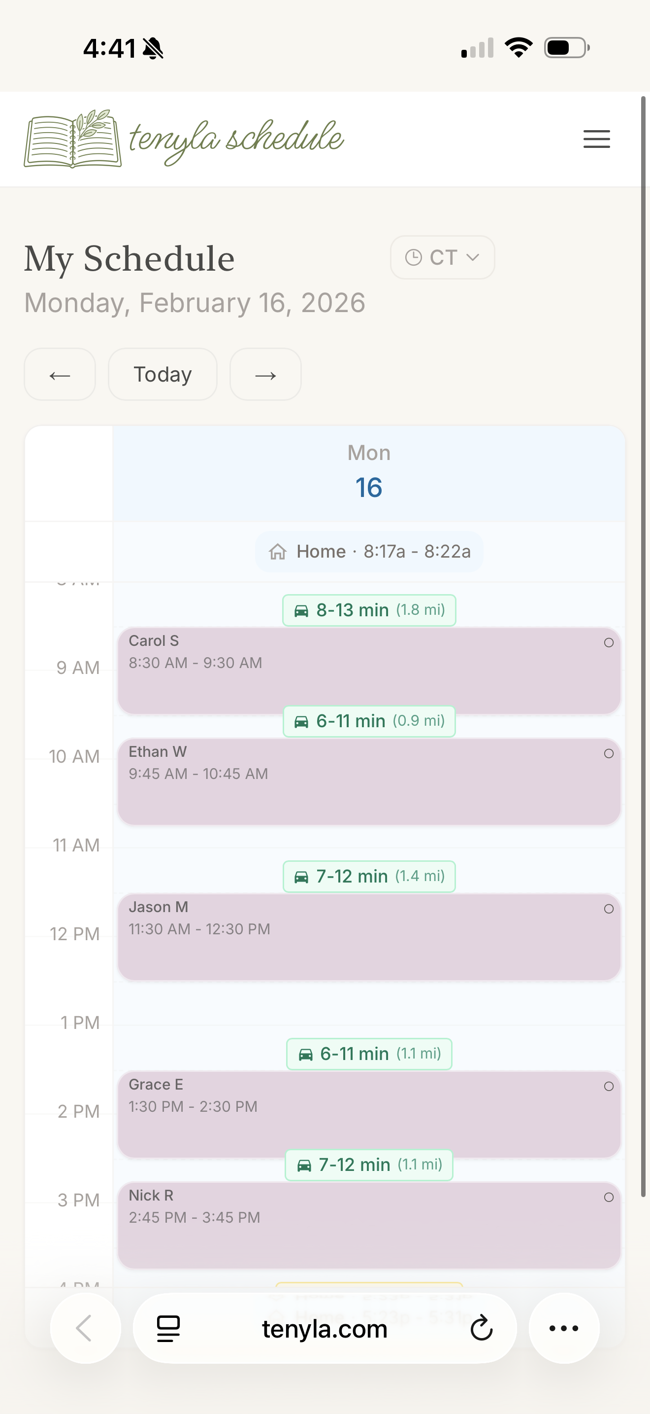 Mobile today view showing next appointment and departure time