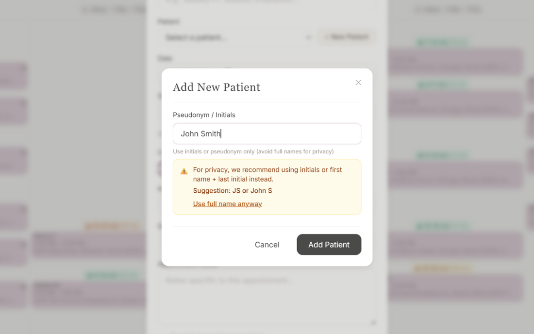 Patient form showing inline PHI warning when full name is detected