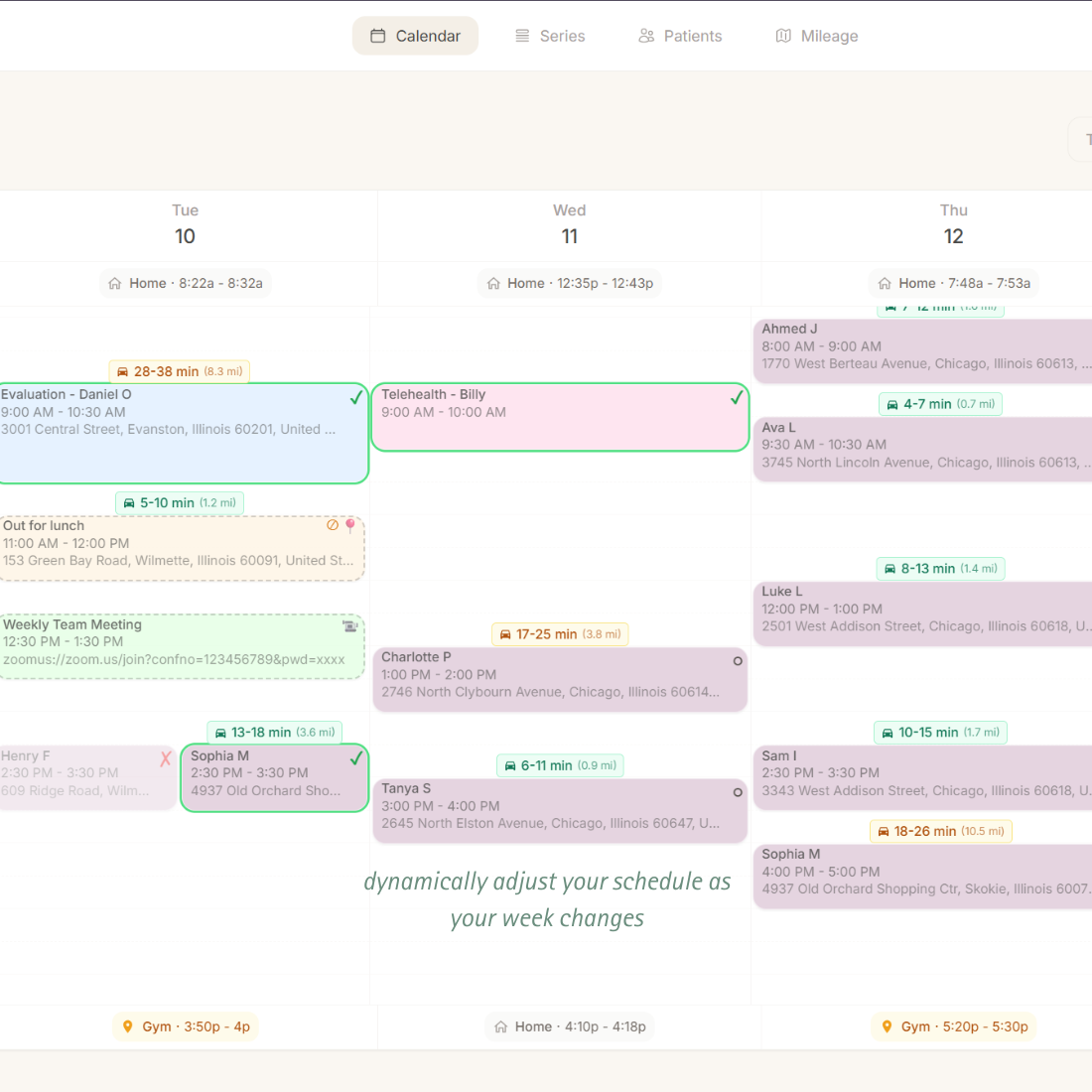 Recurring series showing one visit moved to a different day without affecting the rest