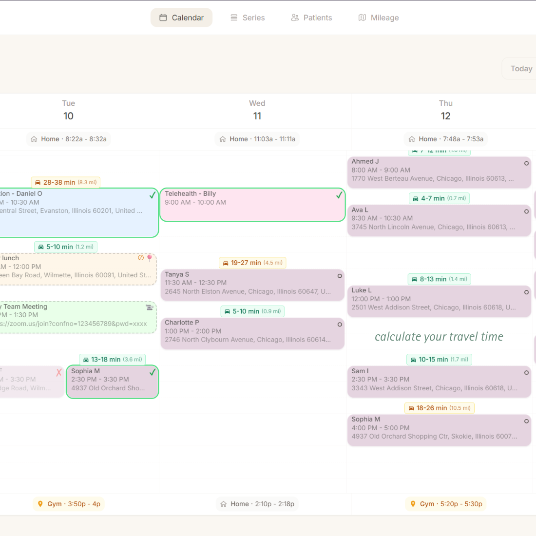 Faded travel-time blocks between appointments showing 15-20 min ranges
